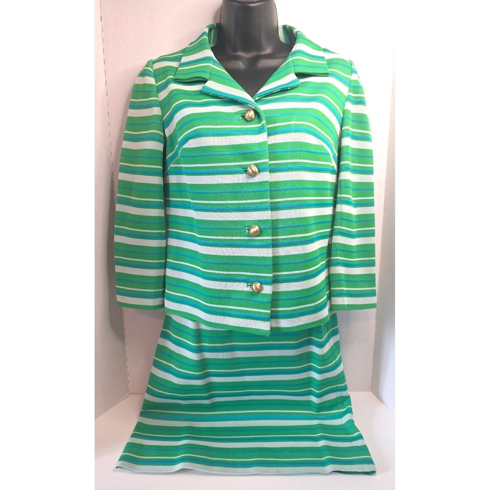 Vintage 60s Joe Frank Striped Suit Green/White/Blue Gold Buttons XS/S CALLOUTS